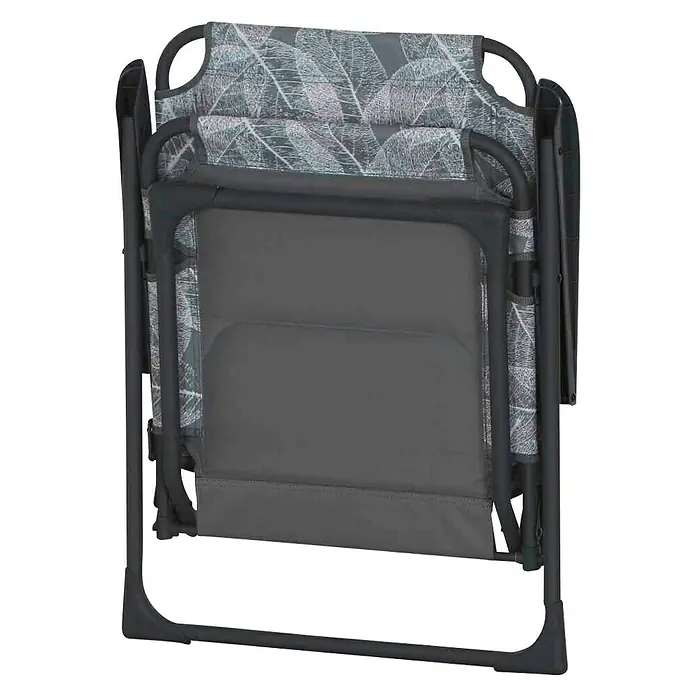 Siena Garden Campingstuhl Natura - Klappbar, Anthrazit/Grau, B x T x H: 57,5 x 68 x 100 cm - Ein zusammengeklappter Relaxsessel mit Blattmuster auf dem Oberteil und grauem Stoff auf dem unteren Teil. Das Gestell ist dunkelgrau.
