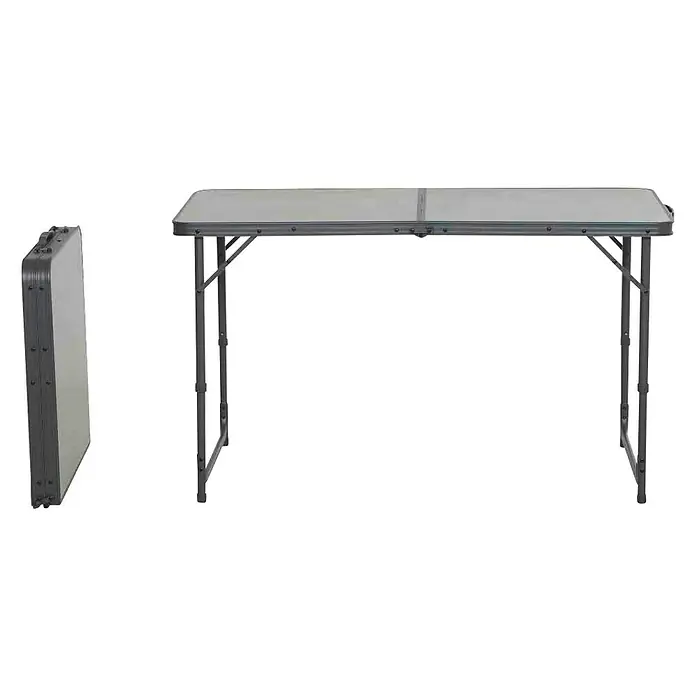 Siena Garden Campingtisch Comfort - L x B x H: 120 x 60 x 70 cm, MDF, Stahl, Grau, Klappbar - Bild eines zusammenklappbaren Campingtisches, der sowohl im aufgebauten als auch im zusammengeklappten Zustand gezeigt wird.