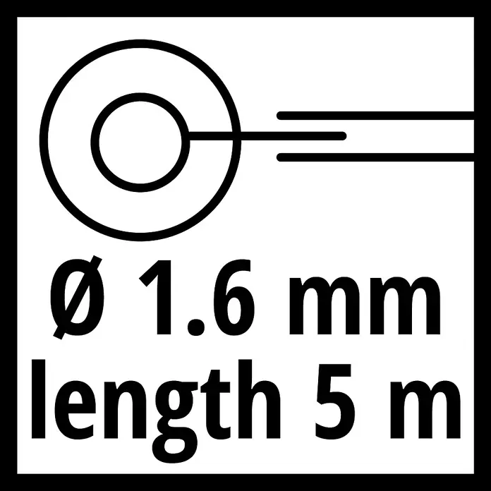 Einhell Ersatzfadenspule GE-CT 18/28 - Fadenlänge: 5 m, Passend für: Einhell Rasentrimmer GE-CT 18/28 Li, GE-CT 18/28 Li TC - Symbol, das auf einen Draht mit einem Durchmesser von 1,6 mm und einer Länge von 5 m hinweist, dargestellt durch eine Spule und Text.