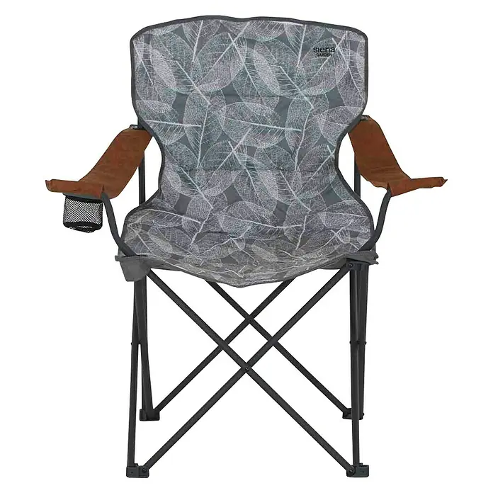 Siena Garden Campingstuhl Natura - Klappbar, Grau, B x T x H: 90 x 61 x 95,5 cm - Bild eines Klappstuhls mit Blattmuster und braunen Armlehnen, ideal für den Garten oder Camping, der Komfort und Stil vereint.