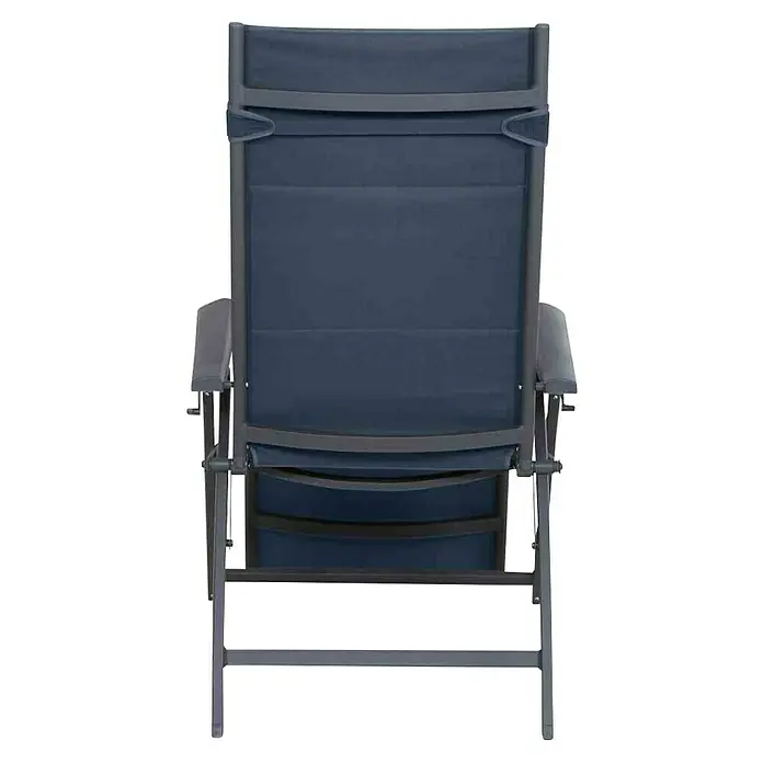 Siena Garden Garten-Liegestuhl Premium - Aluminium, Polyester, Klappbar, Dunkelblau, B x T x H: 69 x 84 x 124 cm - Nahaufnahme eines bequemen, verstellbaren Liegestuhls mit grauem Rahmen und dunkelblauer Polsterung für Entspannung im Freien.