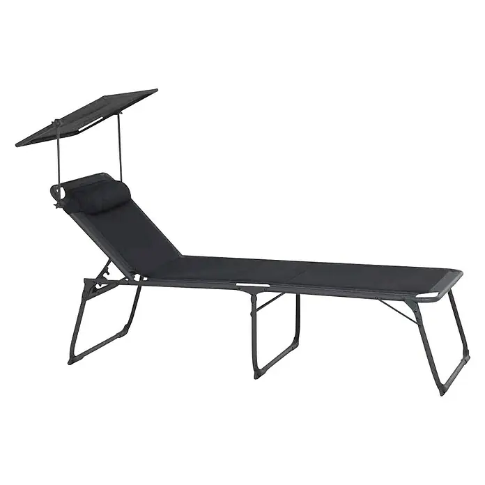 Siena Garden Campingliege PremiumAnthrazit, Metall, Rückenlehne verstellbar - Abbildung einer dunklen Sonnenliege mit verstellbarem Sonnenschutz auf schwarzem Hintergrund. Optimal für den Garten.