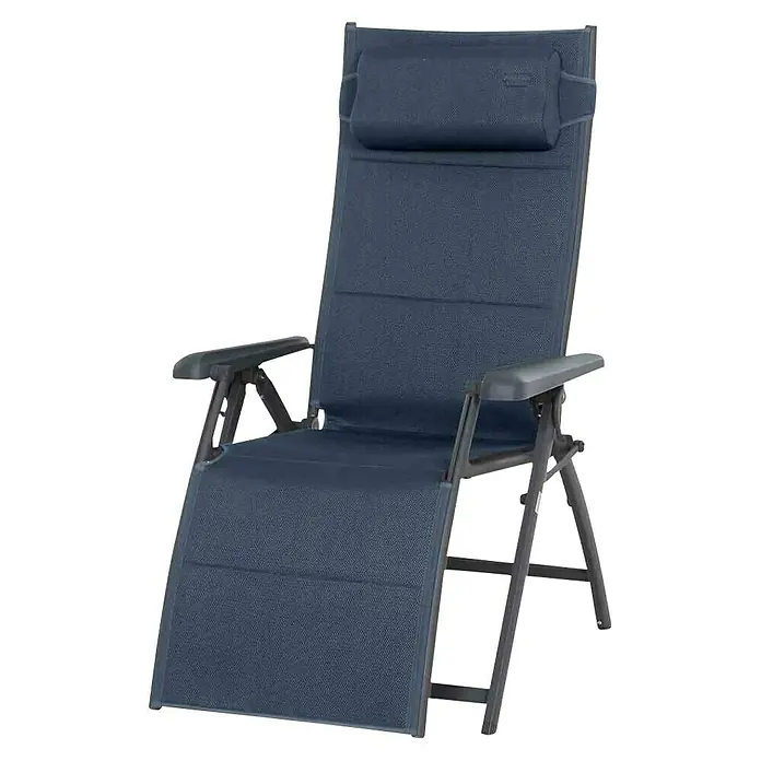 Siena Garden Garten-Liegestuhl Premium - Aluminium, Polyester, Klappbar, Dunkelblau, B x T x H: 69 x 84 x 124 cm - Detaillierte Ansicht eines blauen Liegestuhls mit verstellbarer Rückenlehne und Armlehnen, ideal für Entspannung im Freien.