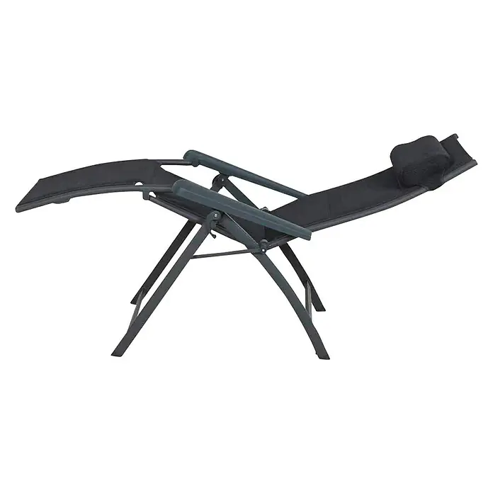 Siena Garden Garten-Liegestuhl Premium - Aluminium, Polyester, Klappbar, Anthrazit, B x T x H: 69 x 84 x 124 cm - Das Bild zeigt einen schwarzen Relaxsessel mit verstellbarer Rückenlehne und Fußstütze vor schwarzem Hintergrund.