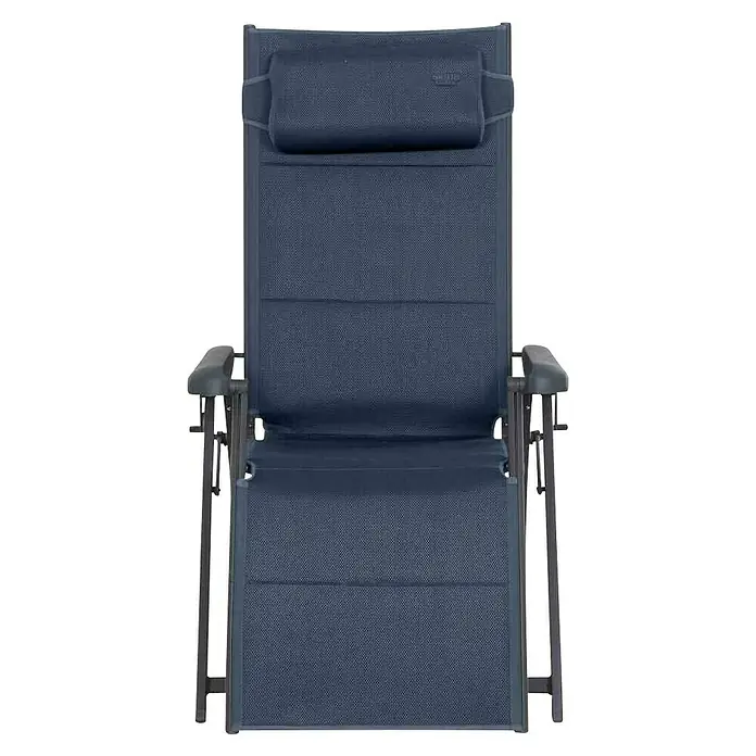 Siena Garden Garten-Liegestuhl Premium - Aluminium, Polyester, Klappbar, Dunkelblau, B x T x H: 69 x 84 x 124 cm - Nahaufnahme eines bequemen, blauen Relaxsessels mit verstellbarer Rückenlehne und Kopfstütze, ideal für entspannte Stunden im Freien.