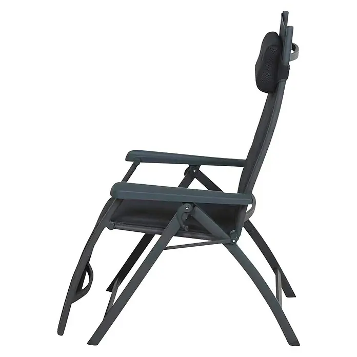 Siena Garden Garten-Liegestuhl PremiumL x B x H: 84 x 69 x 124 cm, Anthrazit, Klappbar - Grauer Relaxsessel mit Armlehnen und Kopfstütze vor schwarzem Hintergrund. Ideal zum Entspannen im Garten oder auf der Terrasse.