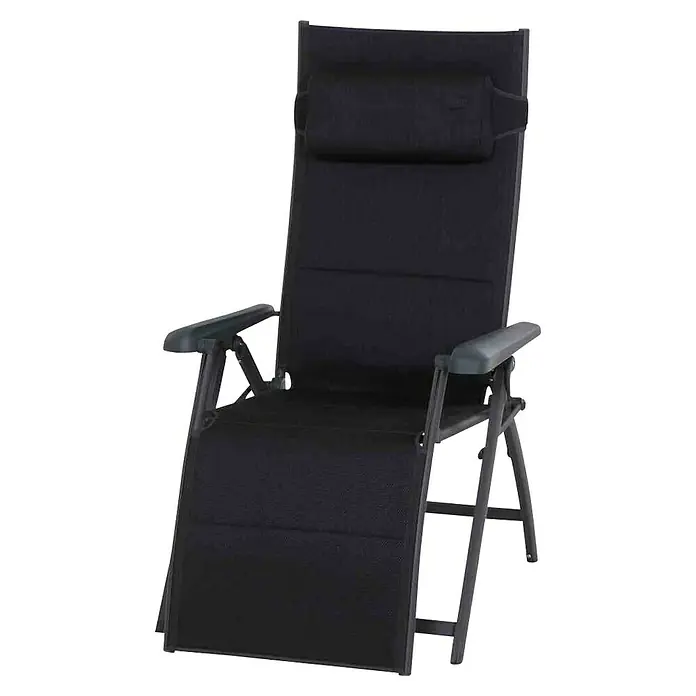 Siena Garden Garten-Liegestuhl PremiumL x B x H: 84 x 69 x 124 cm, Anthrazit, Klappbar - Ein detailreiches Bild eines schwarzen, verstellbaren Relaxsessels mit Armlehnen und Kopfstütze, ideal für entspannte Momente im Freien.