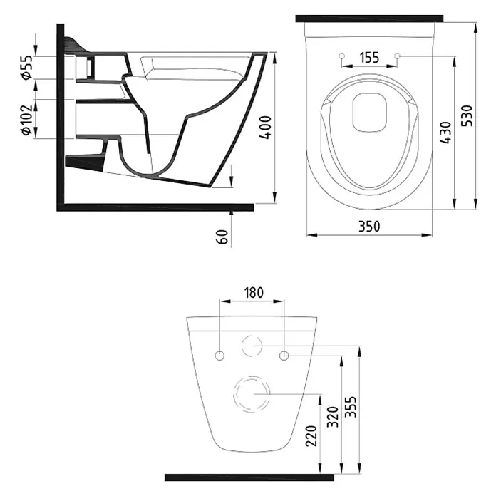 Temtasi Wand-Dusch-WC Mineral - Spülrandlos, Ohne Spezialglasur, Spülform: Tief, WC Abgang: Waagerecht, Weiß - Technische Zeichnung eines Wand-WC-Modells mit Maßen.