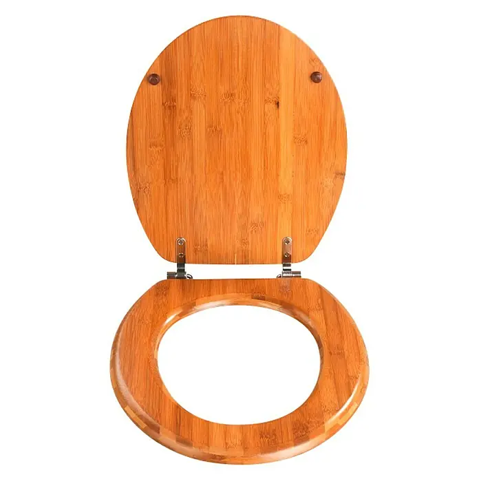 Wenko WC-Sitz Bambus - Holz, Dunkelbraun - Ein offener Toilettensitz aus Bambus mit sichtbaren Scharnieren, perfekt für jedes Badezimmer.