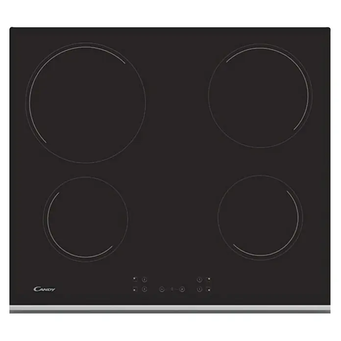 Marinelli Cucine Vormontierte Winkelküche Cassiopea - B x T: 250 x 225 cm, Hellgrau, Mit Elektrogeräten, Spüle rechts - Schwarzer Candy-Herd mit vier Kochfeldern. Das Kochfeld ist mit einer silbernen Leiste versehen und hat digitale Bedienelemente.