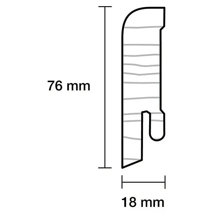 Sockelleiste - 240 x 1,8 x 7,6 cm, Kiefer - Abbildung eines Profils mit den Maßen 76 mm Höhe und 18 mm Breite, das zur Befestigung oder als Zierleiste dienen könnte.