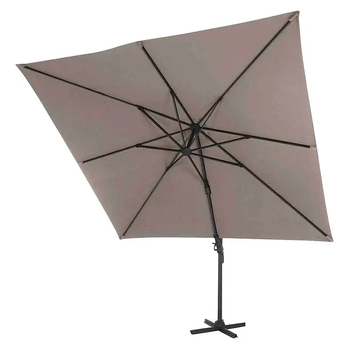 Siena Garden Ampelschirm California N+Taupe, Bespannungsmaß (L x B): 300 x 300 cm - Nahaufnahme eines quadratischen Sonnenschirms mit dunkelgrauem Gestell, der Schatten spendet und vor Sonne schützt.