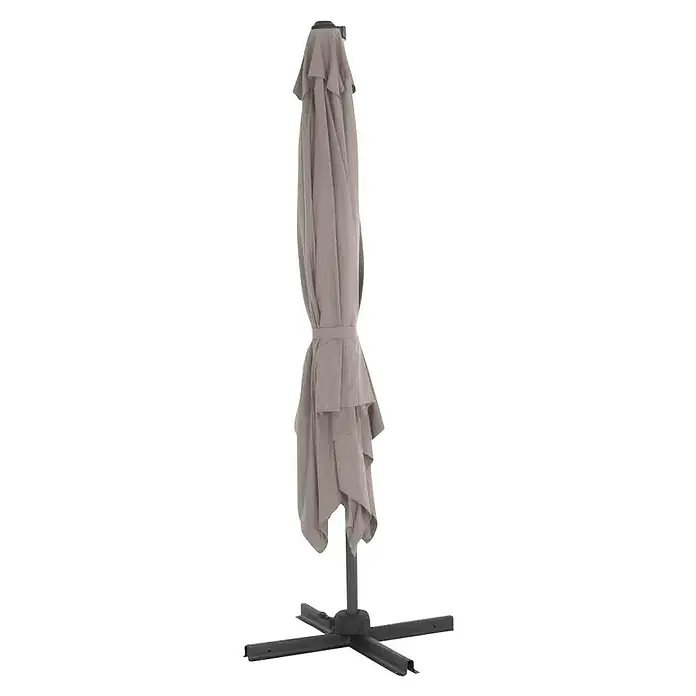 Siena Garden Ampelschirm California N+Taupe, Bespannungsmaß (L x B): 300 x 300 cm - Ein geschlossener, grauer Gartenschirm mit stabilem Fußkreuz steht bereit, um bei Bedarf Schatten zu spenden. Ideal für entspannte Stunden im Freien.