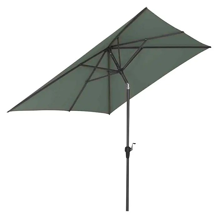 Siena Garden Marktschirm Avio - Olive, Bespannungsmaß (L x B): 200 x 250 cm - Ein rechteckiger, grüner Gartenschirm mit dunklem Gestell. Er ist leicht geneigt und spendet Schatten im Garten.