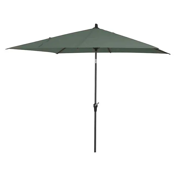 Siena Garden Marktschirm Avio - Olive, Bespannungsmaß (L x B): 200 x 250 cm - Ein quadratischer, olivgrüner Sonnenschirm mit einem robusten, grauen Ständer bietet Schatten und Schutz vor der Sonne im Freien.