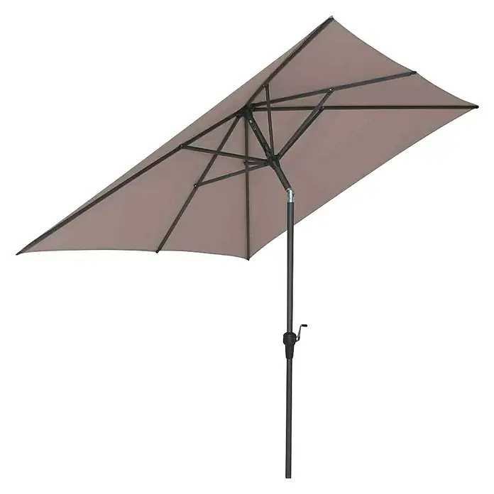 Siena Garden Marktschirm AvioTaupe, L x B: 250 x 200 cm - Eine Nahaufnahme eines rechteckigen Sonnenschirms in Taupe mit dunklem Gestell und Ständer, ideal für den Außenbereich.