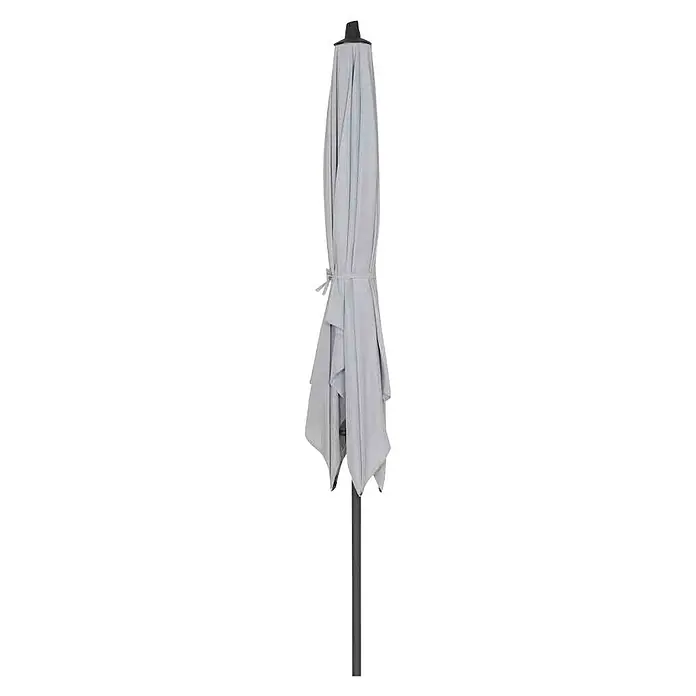 Siena Garden Marktschirm AvioStone, Bespannungsmaß (L x B): 200 x 250 cm - Geschlossener grauer Gartenschirm mit schwarzem Mast, zusammengebunden und bereit für die Lagerung.