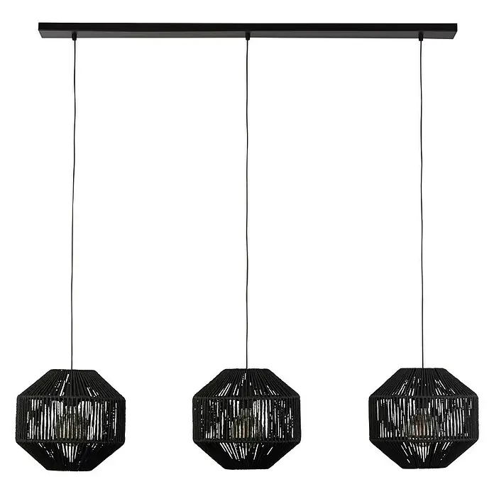 Searchlight Pendelleuchte60 W, L x B x H: 130 x 30 x 280 cm, Schwarz, Schwarz, E27 - Schwarze Hängelampe mit drei Lampenschirmen aus Seil, die ein warmes, indirektes Licht erzeugen, ideal für Esszimmer oder Wohnbereiche.