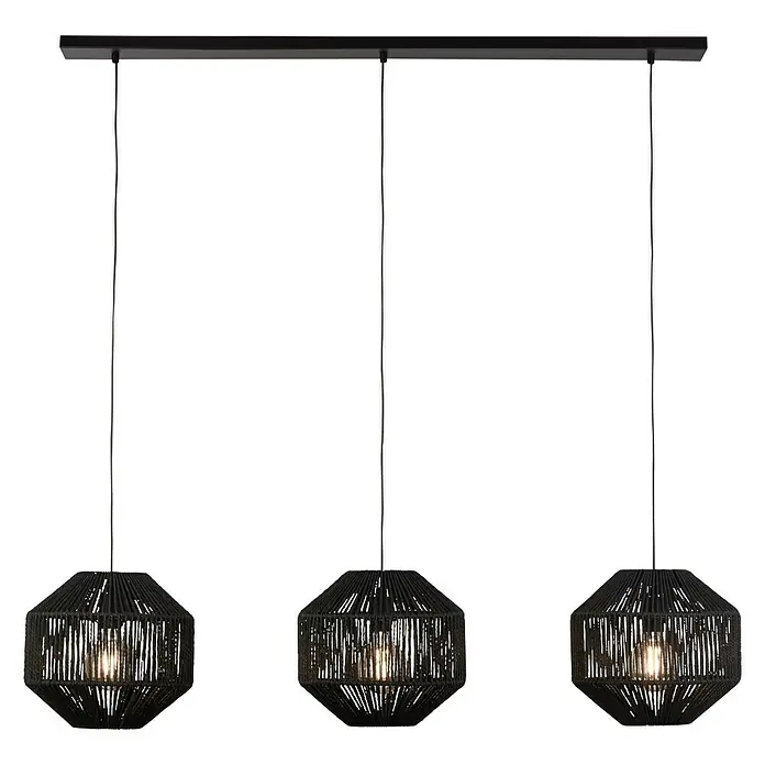 Searchlight Pendelleuchte - 60 W, L x B x H: 130 x 30 x 280 cm, Schwarz, Schwarz, E27 - Pendelleuchte mit drei schwarzen, seilumwickelten Lampenschirmen und warmem Licht.