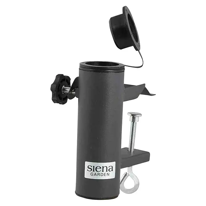 Siena Garden Balkonschirmständer Universal - Für Rohrdurchmesser: 32 mm - 48 mm - Nahaufnahme einer schwarzen Siena Garden Halterung mit einer Schraube und einer abnehmbaren Kappe.