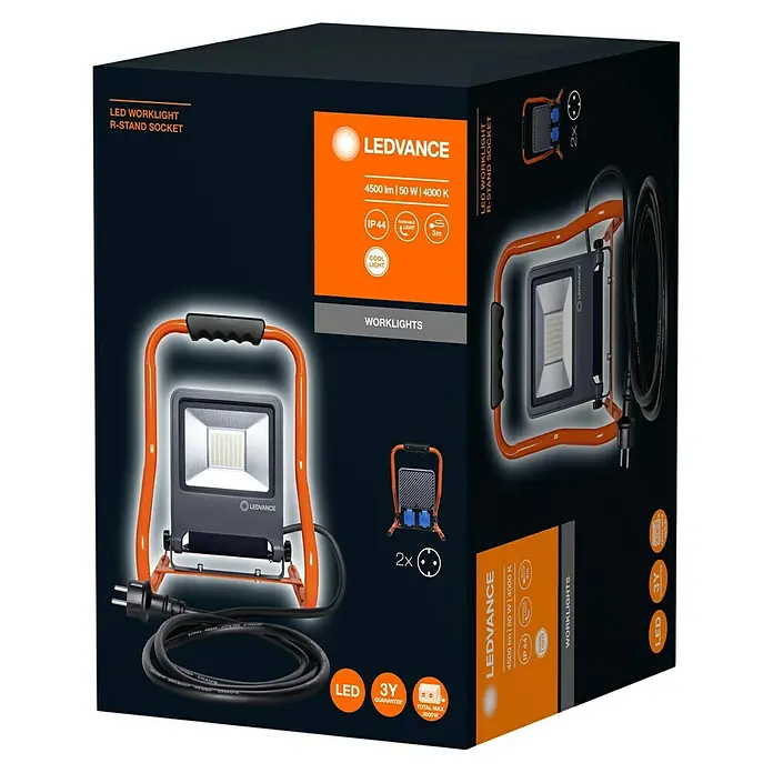 Ledvance LED-Strahler - 50 W, 4.500 lm, 4.000 K, L x B x H: 27 x 28 x 38 cm, IP44 - Bild einer LEDVANCE LED-Arbeitsleuchte R-Stand Socket mit 4500 lm, 50 W und 4000 K, ideal für Baustellen und Werkstätten.