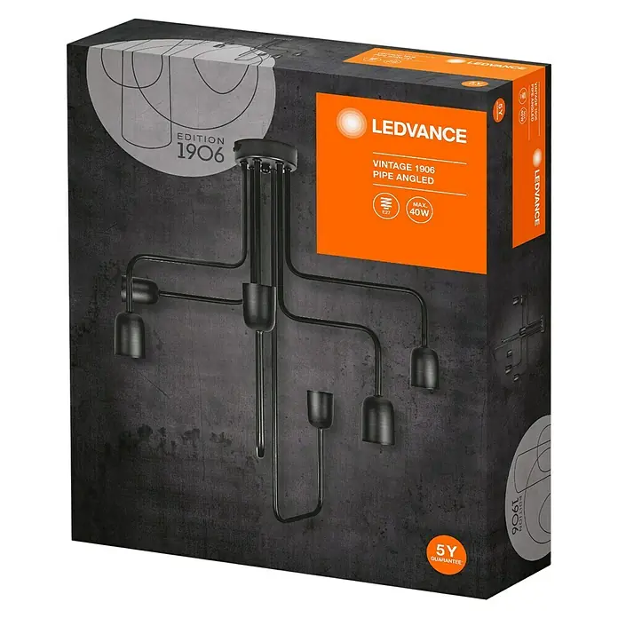 Ledvance Deckenleuchte 1906 PIPE - L x B x H: 53,4 x 10 x 610 cm, Stahl, E27 - Produktverpackung der LEDVANCE Vintage 1906 Pipe Angled Lampe. Elegantes Design mit fünf Leuchtenarmen und grauer Hintergrund.