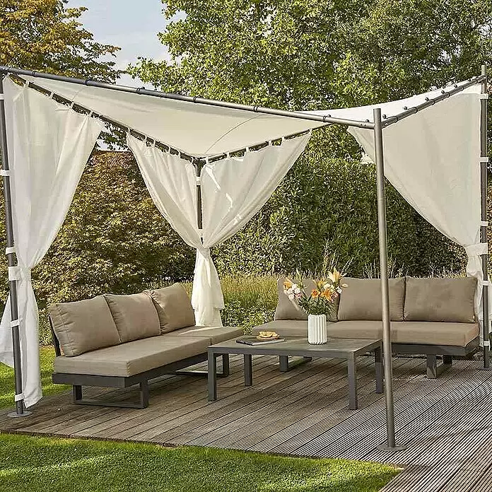 Siena Garden Ersatzdach Berlino - Für Siena Garden Pavillon Berlino 3x3, Weiß - Outdoor-Lounge-Set: graues Gestell, beige Polster, weißes Vordach, zwei Sofas, Couchtisch, auf einer Terrasse.