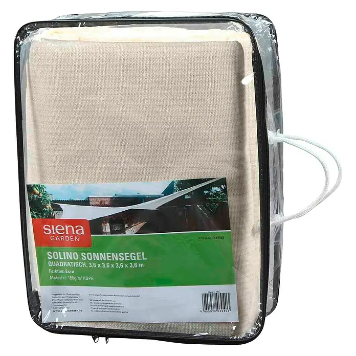 Siena Garden Sonnensegel SolinoL x B: 360 x 360 cm, Ecru, Quadratisch - Verpacktes, quadratisches Siena Garden Sonnensegel "Solino" (3,6 x 3,6 m) in Ecru aus 180g/m² HDPE.