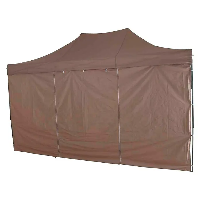 Siena Garden Faltpavillon Allrounder - B x T: 450 x 300 cm, Farbe Dach: Taupe - Nahaufnahme eines braunen Faltpavillons mit Seitenwänden und schwarzem Hintergrund, ideal für Messen und Veranstaltungen im Freien.