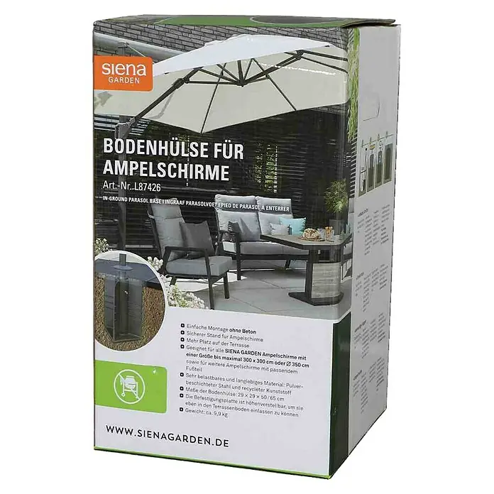 Siena Garden Schirmständer Earthbase - 28 x 28 cm, Passend für: Alle Siena Garden Ampelschirm-Modelle, Schwarz - Bild einer Verpackung für eine Bodenhülse für Ampelschirme von Siena Garden. Die Hülse bietet sicheren Stand und einfache Montage ohne Beton.