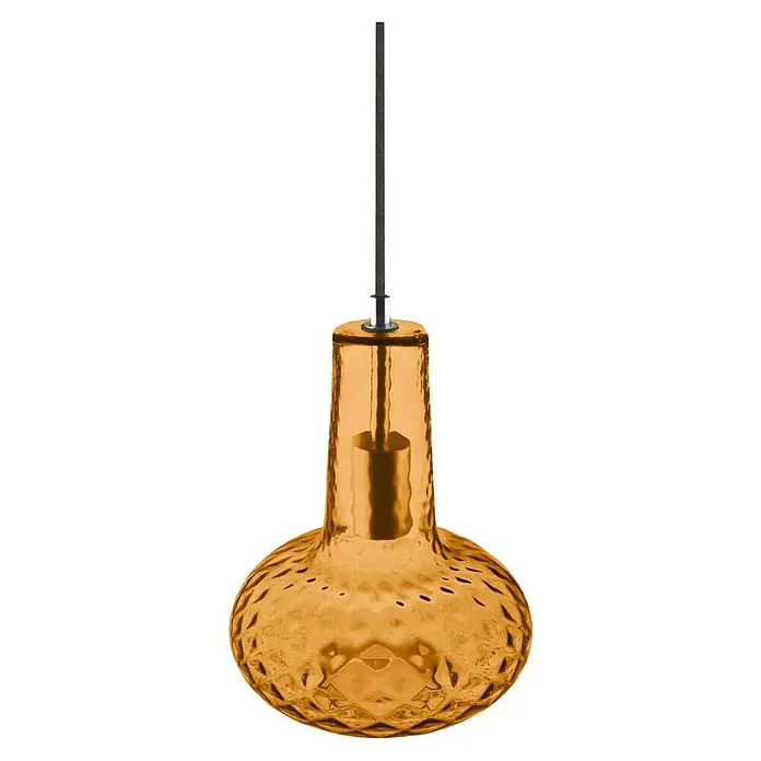 Ledvance Pendelleuchte rund 1906 Carve Pear - Orange, E27 - Nahaufnahme einer modernen, bernsteinfarbenen Glaspendelleuchte, die ein warmes Licht ausstrahlt und mit einem schwarzen Kabel elegant von der Decke hängt.