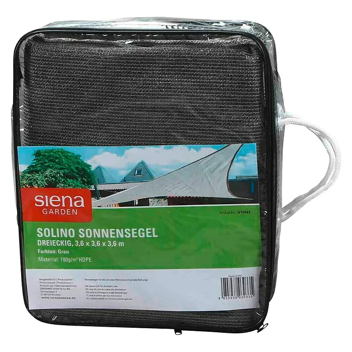 Siena Garden Sonnensegel Solino - L x B: 360 x 360 cm, Grau, Dreieckig - Abgepacktes, dreieckiges Sonnensegel Solino Garden in Grau, 3,6x3,6x3,6m, aus 180g/m² HDPE für den Garten.
