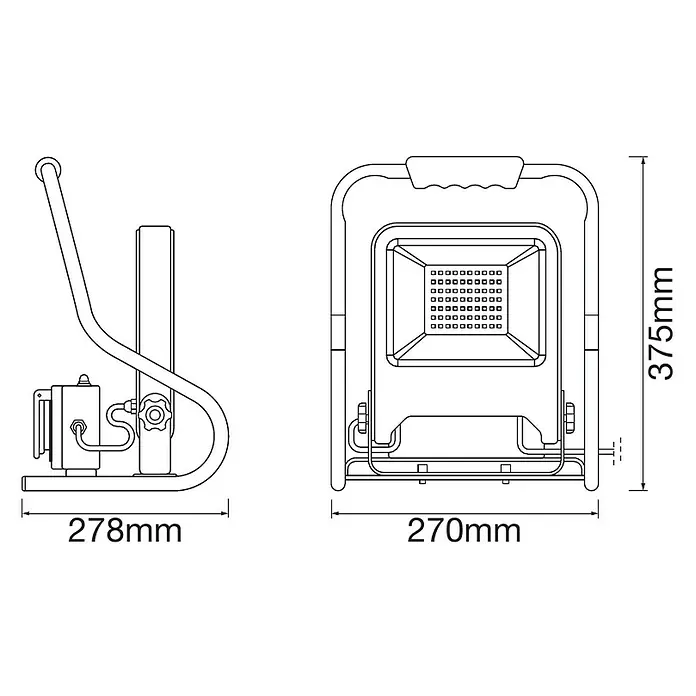 Ledvance LED-Strahler - 50 W, 4.500 lm, 4.000 K, L x B x H: 27 x 28 x 38 cm, IP44 - Detailansicht einer tragbaren LED-Arbeitsleuchte mit Maßangaben (278 mm x 270 mm x 375 mm). Kompaktes Design für den mobilen Einsatz.