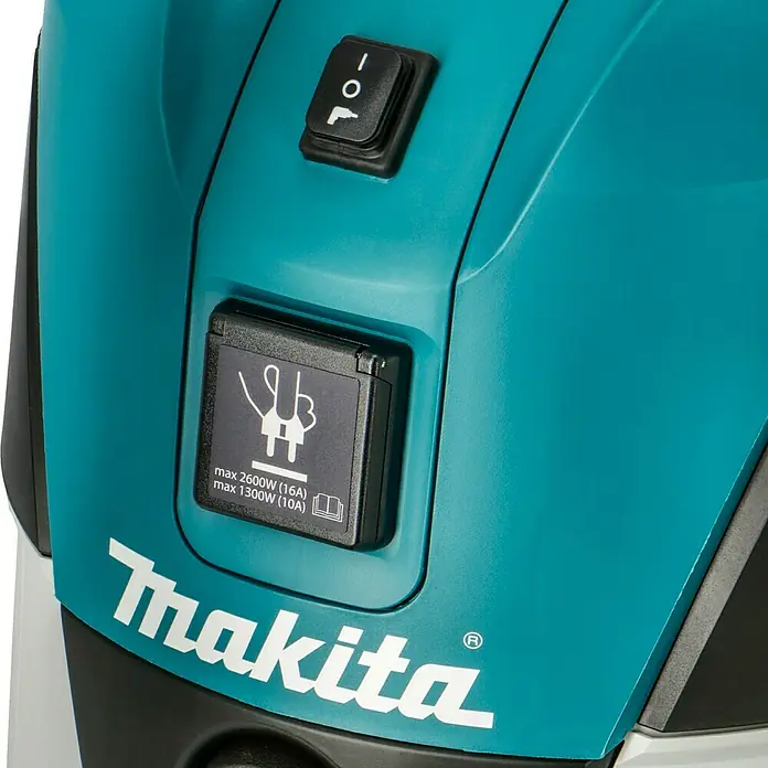 Makita Elektro-Nass- & Trockensauger VC2512L - 1.000 W, 25 l - Detailaufnahme eines Makita-Geräts mit Bedienelementen, einschließlich Schalter und Leistungsangaben.