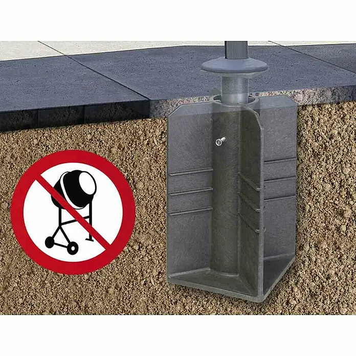 Siena Garden Schirmständer Earthbase - 28 x 28 cm, Passend für: Alle Siena Garden Ampelschirm-Modelle, Schwarz - Das Bild zeigt eine innovative Zaunpfostenhalterung zur sicheren und schnellen Installation ohne Beton. Perfekt für Heimwerker und Profis.