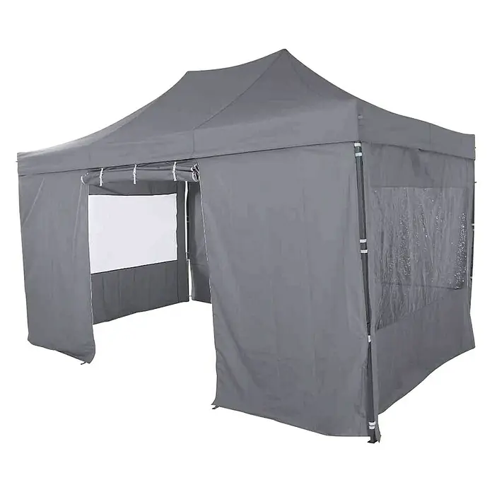 Siena Garden Faltpavillon Allrounder - B x T: 450 x 300 cm, Farbe Dach: Grau - Bild eines grauen Faltzeltes mit Fenster und geöffneter Seite, ideal für Veranstaltungen im Freien und einfachen Transport.