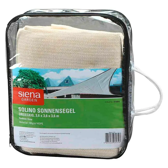 Siena Garden Sonnensegel Solino - L x B: 360 x 360 cm, Ecru, Dreieckig - Verpackte dreieckige Sonnenblende Siena Garden, 3,6 x 3,6 x 3,6 m, Farbe Ecru, Material 180g/m² HDPE für perfekten Sonnenschutz.