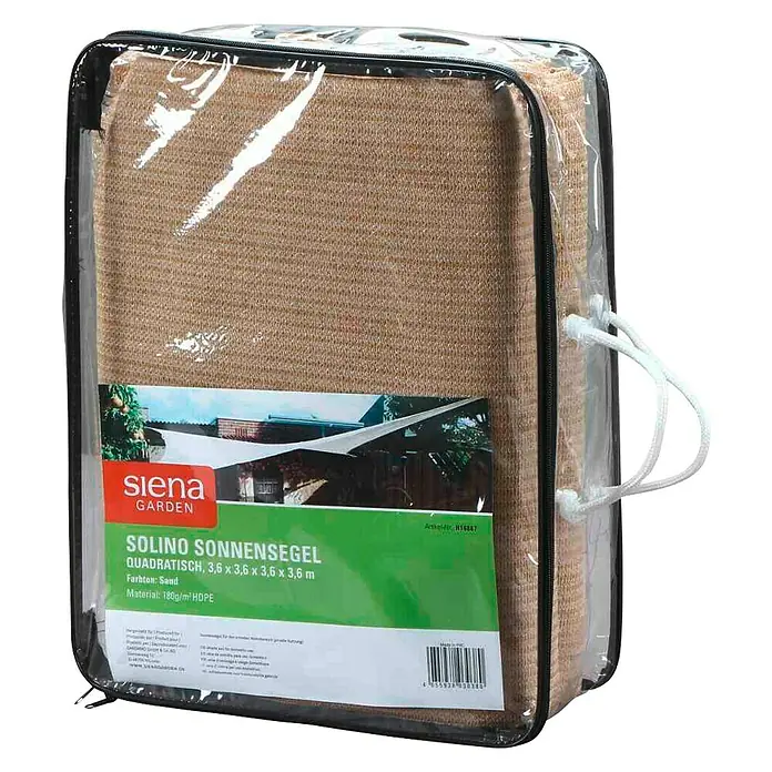 Siena Garden Sonnensegel Solino - L x B: 360 x 360 cm, Natur, Quadratisch - Verpacktes, quadratisches Solino Sonnensegel "Sand" von Siena Garden (3,6x3,6m) aus 180g/m² HDPE, ideal für den Sonnenschutz im Garten.