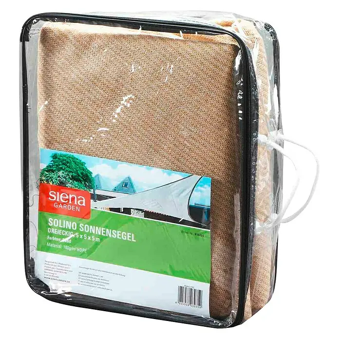 Siena Garden Sonnensegel Solino - L x B: 500 x 500 cm, Natur, Dreieckig - Verpacktes, dreieckiges Sonnensegel "Siena Garden Solino" in Sandfarbe, 5x5x5m, aus 180g/m² HDPE-Material für effektiven Sonnenschutz im Garten.