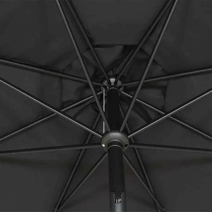 Siena Garden Marktschirm rund Isa - Anthrazit, Durchmesser Bespannung: 300 cm - Detailansicht eines schwarzen Sonnenschirms mit Fokus auf die Konstruktion und das robuste Design. Ideal für sonnige Tage im Garten.