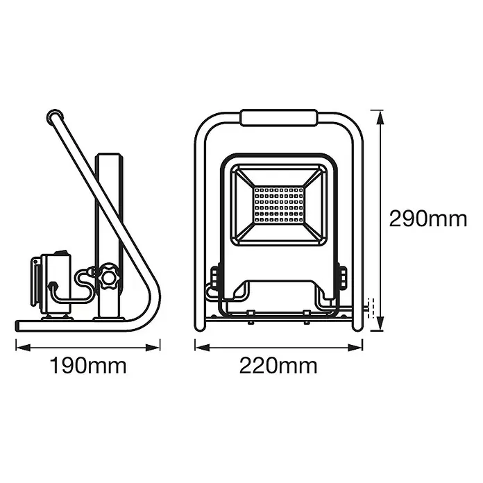 Ledvance LED-Strahler - 30 W, 2.700 lm, 4.000 K, L x B x H: 19 x 22 x 29 cm, IP44 - Abbildung eines LED-Arbeitsstrahlers mit Maßen.