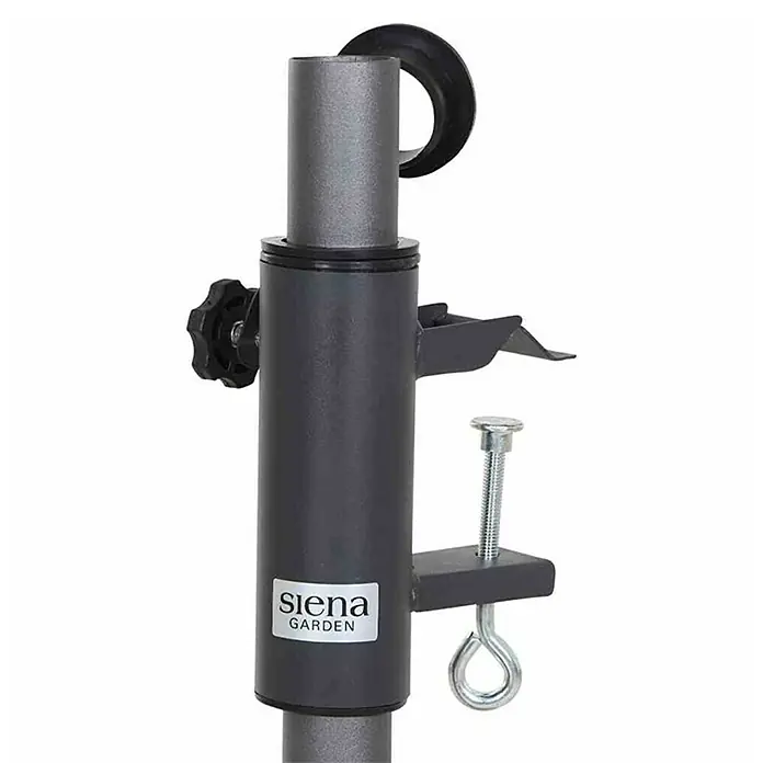 Siena Garden Balkonschirmständer Universal - Für Rohrdurchmesser: 32 mm - 48 mm - Detailansicht einer grauen Siena Garden-Schirmhalterung mit Klemme zur Befestigung an verschiedenen Oberflächen.