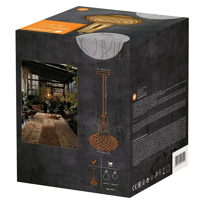 Ledvance Pendelleuchte rund 1906 Carve Pear - Orange, E27 - Produktverpackung der LEDVANCE Pendelleuchte mit Maßangaben und Anwendungsbeispiel, geeignet für max. 40W Classic A und Classic P Leuchtmittel.