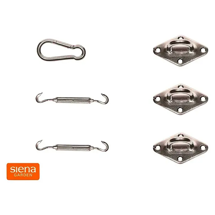Siena Garden Zubehör-Set Solino - 6 -tlg., Passend für: Siena Garden Sonnensegel Solino dreieckig - Nahaufnahme eines Siena Garden Sets bestehend aus Karabinerhaken, Spannschrauben und Ösenplatten für den Garten.