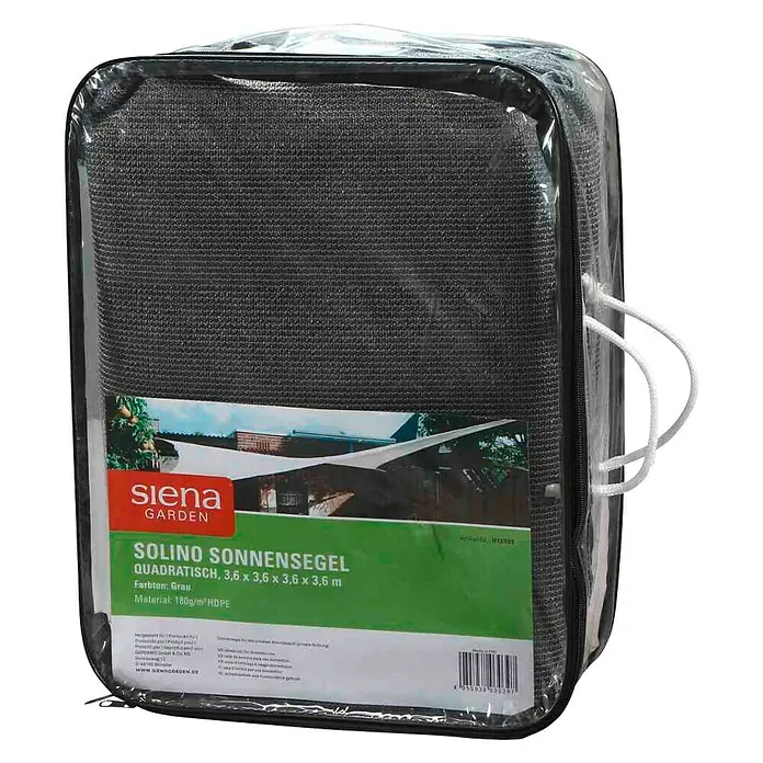 Siena Garden Sonnensegel Solino - L x B: 360 x 360 cm, Grau, Quadratisch - Verpackte quadratische Solino Sonnen Segelplane von Siena Garden in Grau, 3,6 x 3,6 x 3,6 m, ideal für den Garten.