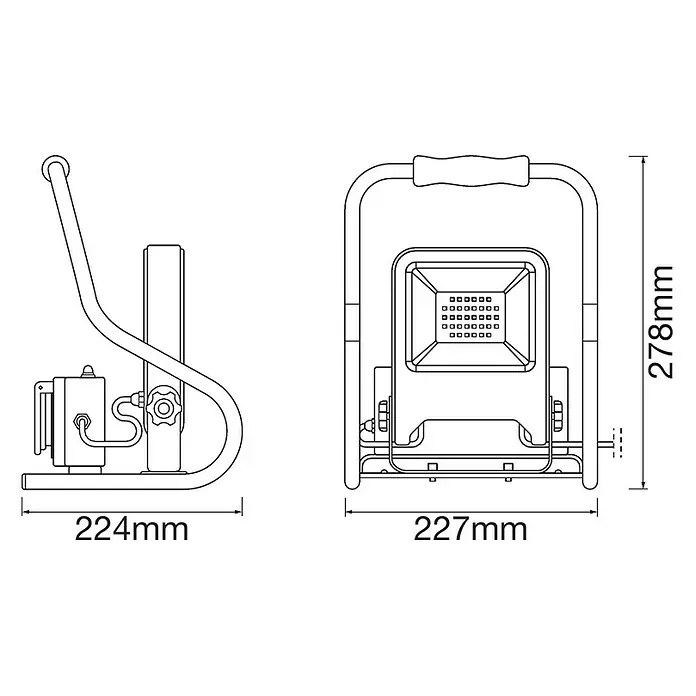 Ledvance LED-Strahler - 20 W, 1.700 lm, 4.000 K, L x B x H: 23 x 23 x 28 cm, IP44 - Abbildung einer Arbeitsleuchte mit den Maßen 224 mm x 227 mm x 278 mm.