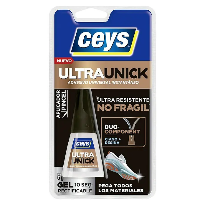 Ceys Pegamento instantáneo fuerte Ultra Unick - 5 g - Imagen de un envase de adhesivo universal Ceys Ultra Unick, ideal para una unión instantánea y duradera de varios materiales.