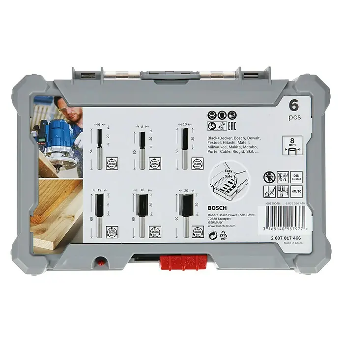 Bosch Fräser-Set Nut - Durchmesser Schaft: 8 mm, 6 -tlg. - Bosch Fräser-Set, 6-teilig, mit verschiedenen Fräsergrößen für Holzbearbeitungsanwendungen.