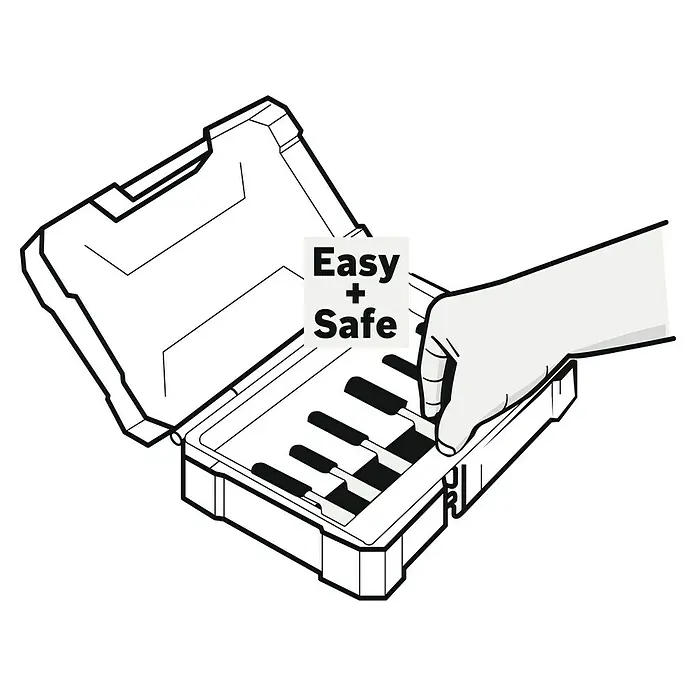 Bosch Fräser-Set Trim&Edging - 6 -tlg., Durchmesser Schaft: 8 mm - Illustration eines Werkzeugkastens mit Schraubenziehern, hervorgehoben durch den Text "Easy + Safe".