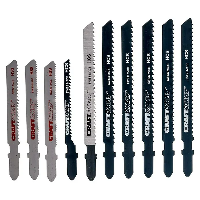 Craftomat Stichsägeblatt-Set - Holz/Metall/Kunststoff, 10 -tlg., T-Schaft - Eine Nahaufnahme von Craftomat Stichsägeblättern in verschiedenen Ausführungen, ideal für präzise Holzarbeiten und professionelle Projekte.